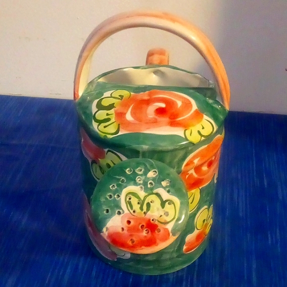 Ceramic watering can green with pink flowers - Picture 2 of 7